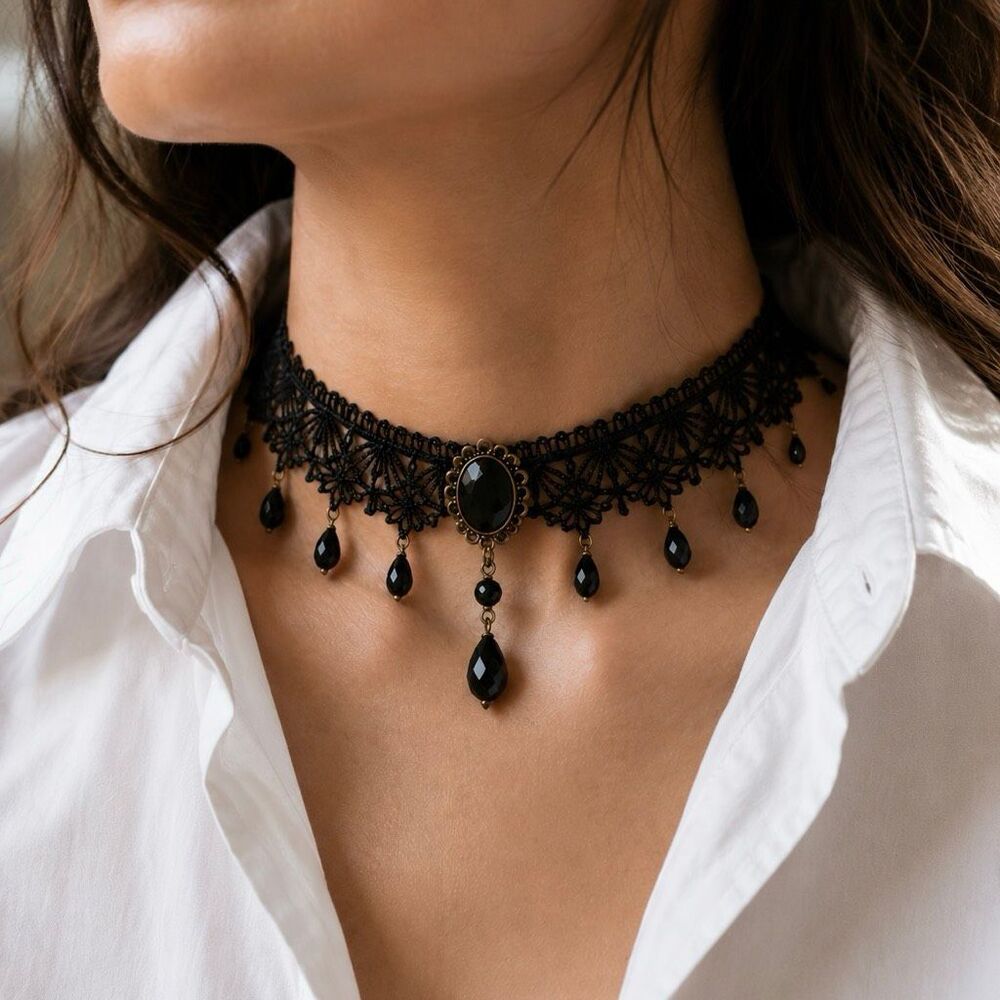 Black Lace Beaded Choker Necklace Victorian Lace Drop Detail - Picture 3 of 7
